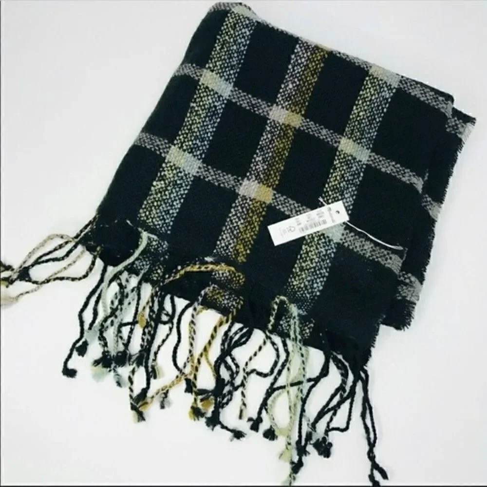New! Madewell Oversized Black Plaid Gauzy Fringe Wool Raw Hem Blanket Scarf